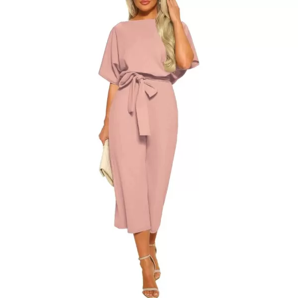 LYANER Women's Round Neck Short Sleeve Zipper Back Waist Tie Romper Wide Leg Pant Jumpsuit