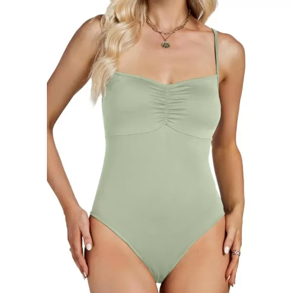 LYANER Women's Ruched Front Sweetheart Neck Sleeveless Cami Bodysuit Leotard Top