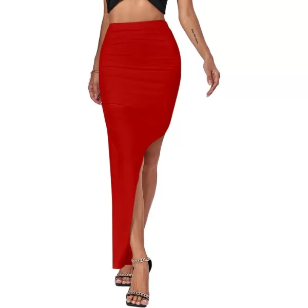 LYANER Women's Ruched High Wasit Stretchy Split Slit Hem Bodycon Maxi Long Skirt