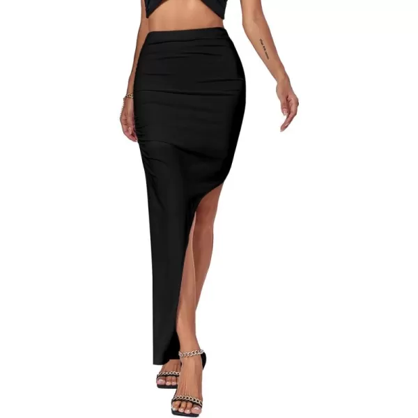 LYANER Women's Ruched High Wasit Stretchy Split Slit Hem Bodycon Maxi Long Skirt