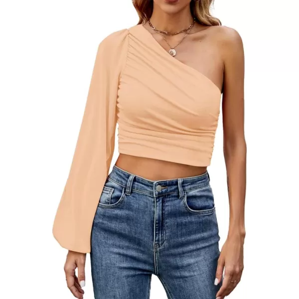 LYANER Women's Ruched One Shoulder Lantern Long Sleeve Crop Blouse Shirt Top