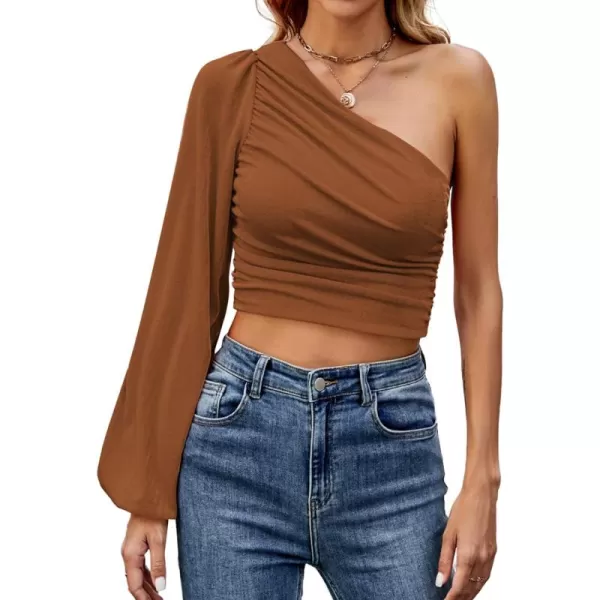 LYANER Women's Ruched One Shoulder Lantern Long Sleeve Crop Blouse Shirt Top