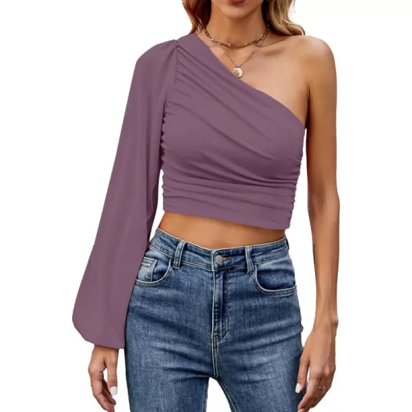 LYANER Women's Ruched One Shoulder Lantern Long Sleeve Crop Blouse Shirt Top