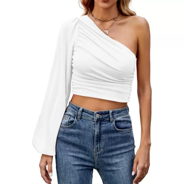 LYANER Women's Ruched One Shoulder Lantern Long Sleeve Crop Blouse Shirt Top