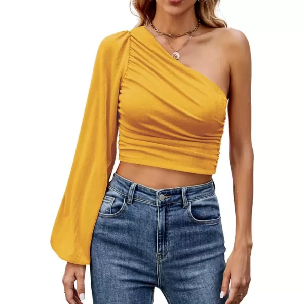 LYANER Women's Ruched One Shoulder Lantern Long Sleeve Crop Blouse Shirt Top