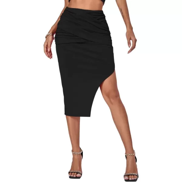 LYANER Women’s Ruched Wrap High Waist Split Side Asymmetrical Bodycon Pencil Midi Skirt