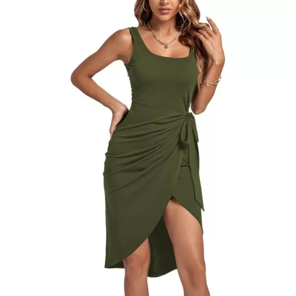 LYANER Women's Ruched Wrap Slit Tie Waist Scoop Neck Sleeveless Bodycon Midi Tank Dress