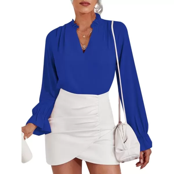 LYANER Women's Ruffle V Neck Solid Long Sleeve Chiffon Blouse Shirt Top