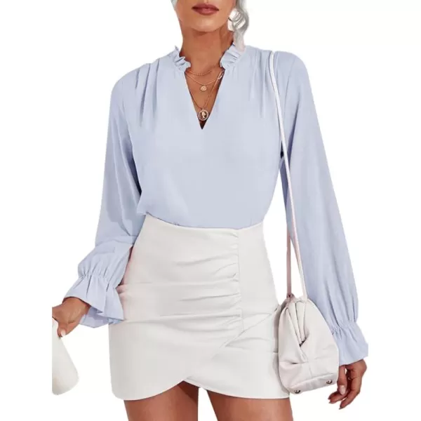 LYANER Women's Ruffle V Neck Solid Long Sleeve Chiffon Blouse Shirt Top