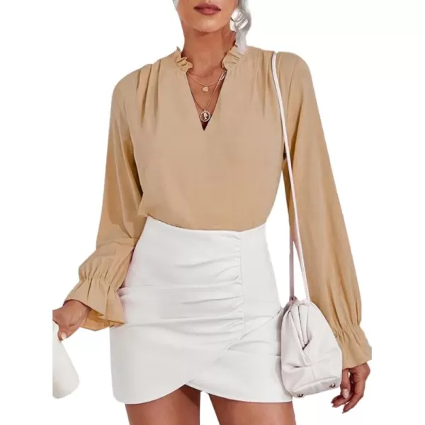 LYANER Women's Ruffle V Neck Solid Long Sleeve Chiffon Blouse Shirt Top