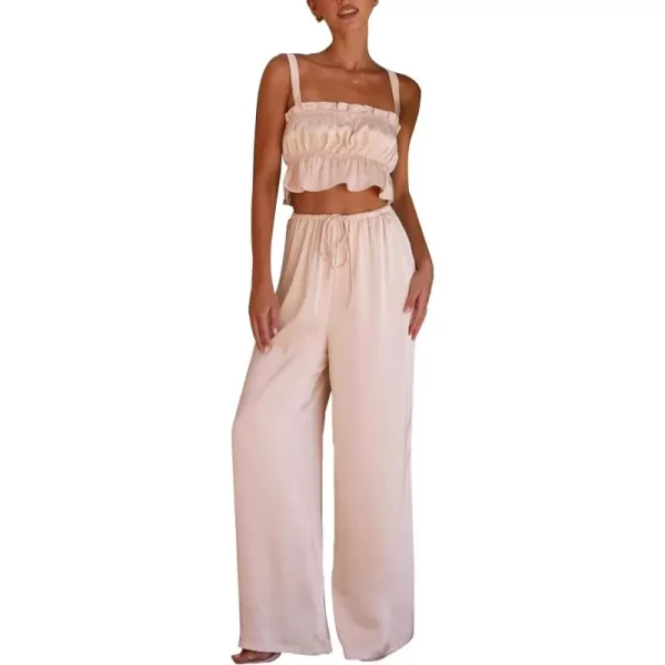 LYANER Women's Satin 2 Piece Outfits Square Neck Frill Trim Ruffle Sleeveless Crop Top and High Waist Wide Leg Pants Sets