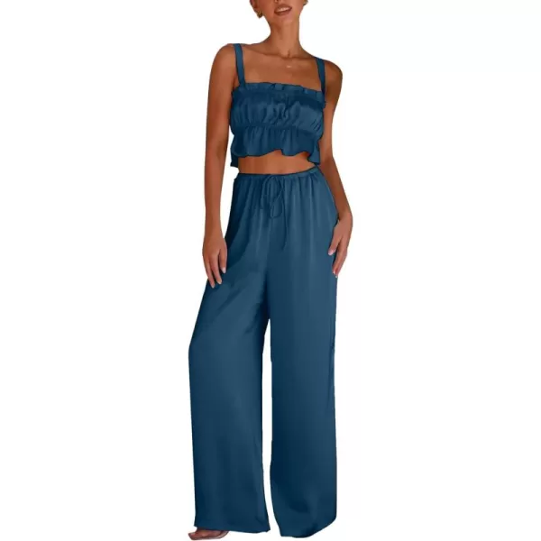 LYANER Women's Satin 2 Piece Outfits Square Neck Frill Trim Ruffle Sleeveless Crop Top and High Waist Wide Leg Pants Sets