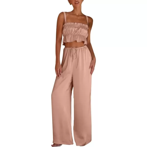 LYANER Women's Satin 2 Piece Outfits Square Neck Frill Trim Ruffle Sleeveless Crop Top and High Waist Wide Leg Pants Sets