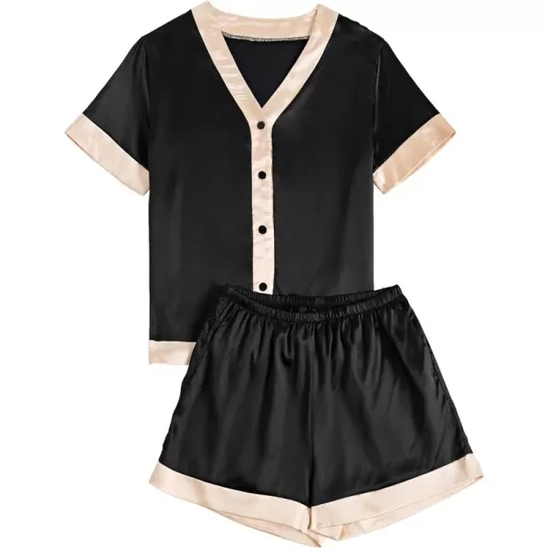 LYANER Women's Satin 2 Piece Pajamas Set V Neck Button Down Short Sleeve Shirt and Shorts Lounge Set
