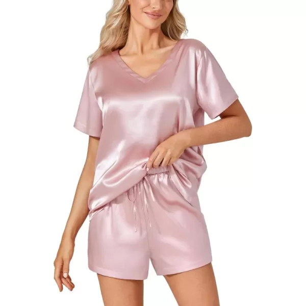 LYANER Women's Satin 2 Piece Sleepwear V Neck Short Sleeve Top and Drawstring Shorts Pajama Set