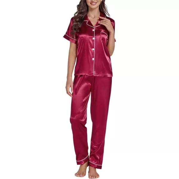 LYANER Women's Satin Button Down 2 Pieces Pajamas Set Short Sleeve Sleepwear Pjs Loungewear Nightwear With Long Pants
