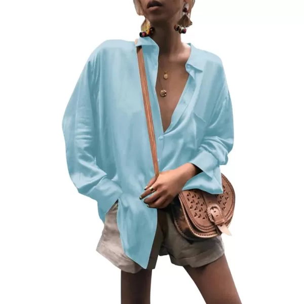 LYANER Women's Satin Collar Neck Button Down Long Sleeve Blouse Shirt Tunic Top