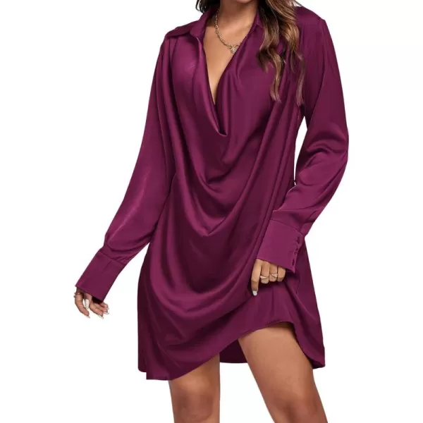 LYANER Women's Satin Collar V Neck Drape Ruched Front Flowy Long Sleeve Short Mini Dress