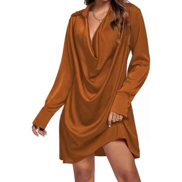 LYANER Women's Satin Collar V Neck Drape Ruched Front Flowy Long Sleeve Short Mini Dress