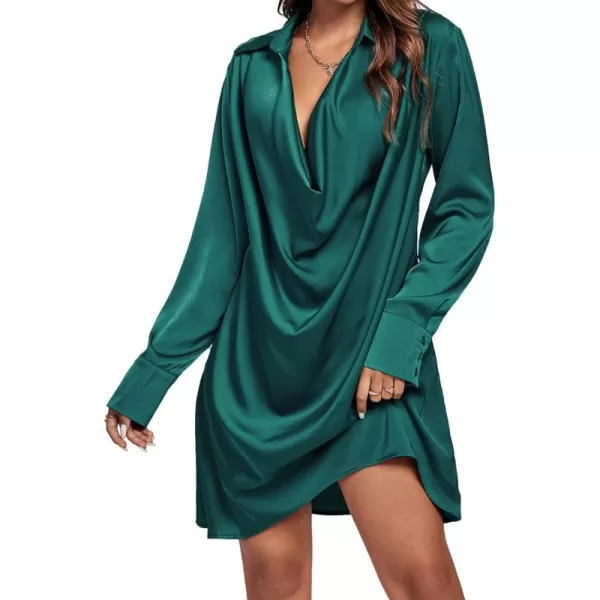 LYANER Women's Satin Collar V Neck Drape Ruched Front Flowy Long Sleeve Short Mini Dress