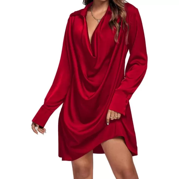 LYANER Women's Satin Collar V Neck Drape Ruched Front Flowy Long Sleeve Short Mini Dress