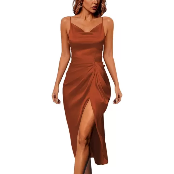LYANER Women's Satin Cowl Neck Sleeveless Split Ruch Strap Sexy Cocktail Midi Dress