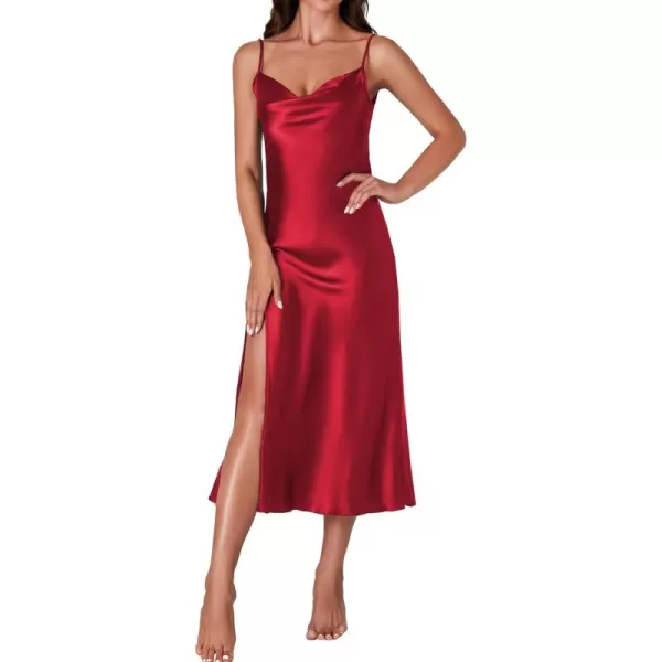 LYANER Women's Satin Cowl Neck Spaghetti Strap Split Nightgowns Silk Midi Dress
