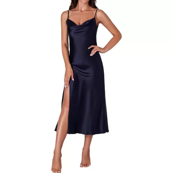 LYANER Women's Satin Cowl Neck Spaghetti Strap Split Nightgowns Silk Midi Dress