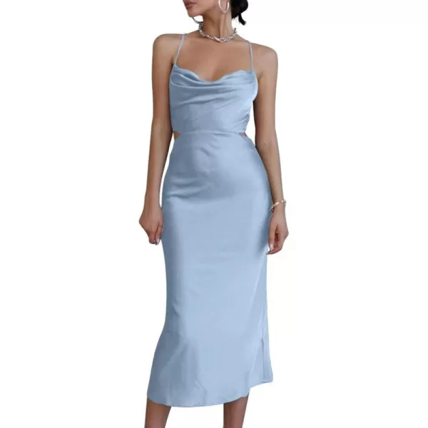 LYANER Women's Satin Cowl Neck Straps Slip Sexy Cut Out Cocktail Midi Dress