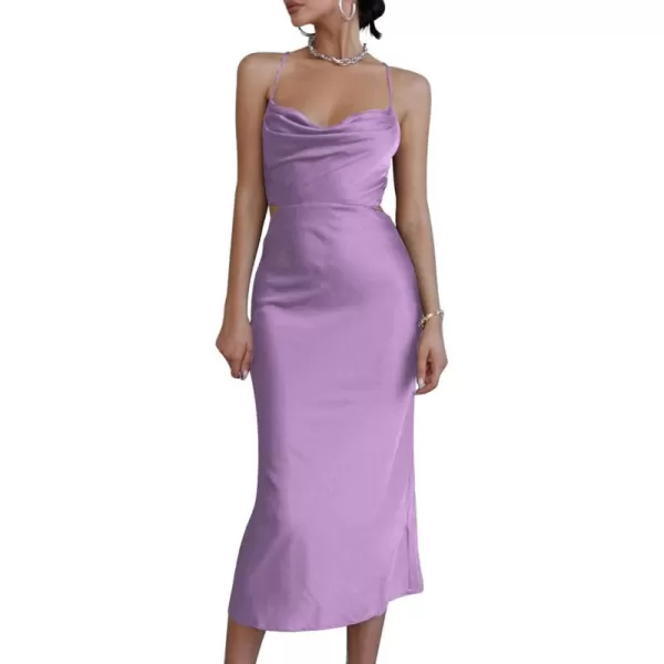 LYANER Women's Satin Cowl Neck Straps Slip Sexy Cut Out Cocktail Midi Dress