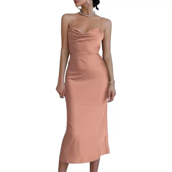 LYANER Women's Satin Cowl Neck Straps Slip Sexy Cut Out Cocktail Midi Dress