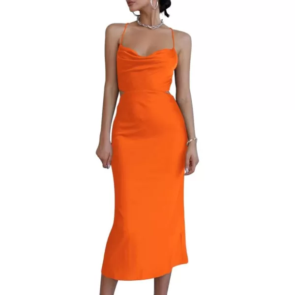 LYANER Women's Satin Cowl Neck Straps Slip Sexy Cut Out Cocktail Midi Dress