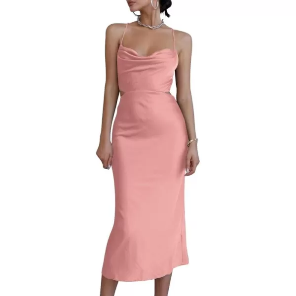 LYANER Women's Satin Cowl Neck Straps Slip Sexy Cut Out Cocktail Midi Dress