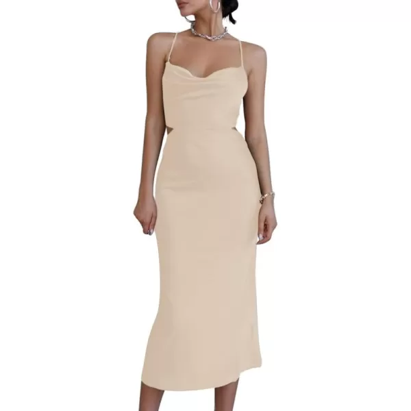 LYANER Women's Satin Cowl Neck Straps Slip Sexy Cut Out Cocktail Midi Dress