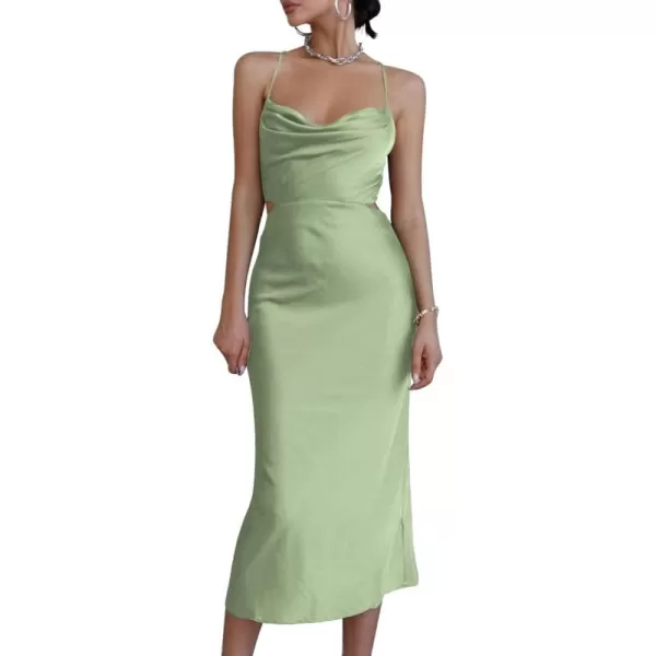 LYANER Women's Satin Cowl Neck Straps Slip Sexy Cut Out Cocktail Midi Dress