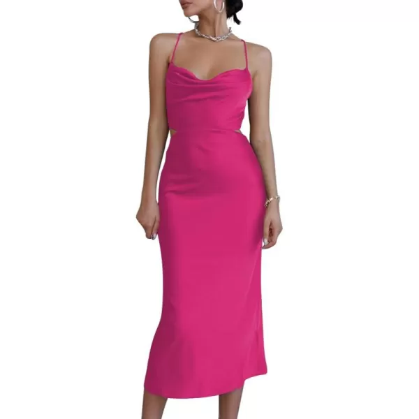 LYANER Women's Satin Cowl Neck Straps Slip Sexy Cut Out Cocktail Midi Dress