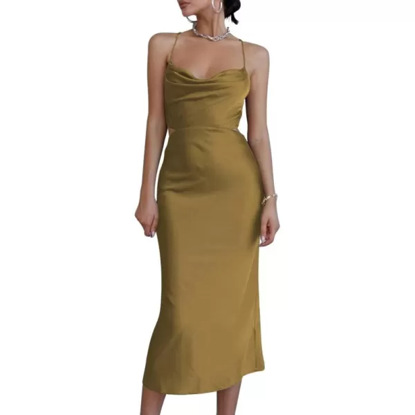 LYANER Women's Satin Cowl Neck Straps Slip Sexy Cut Out Cocktail Midi Dress