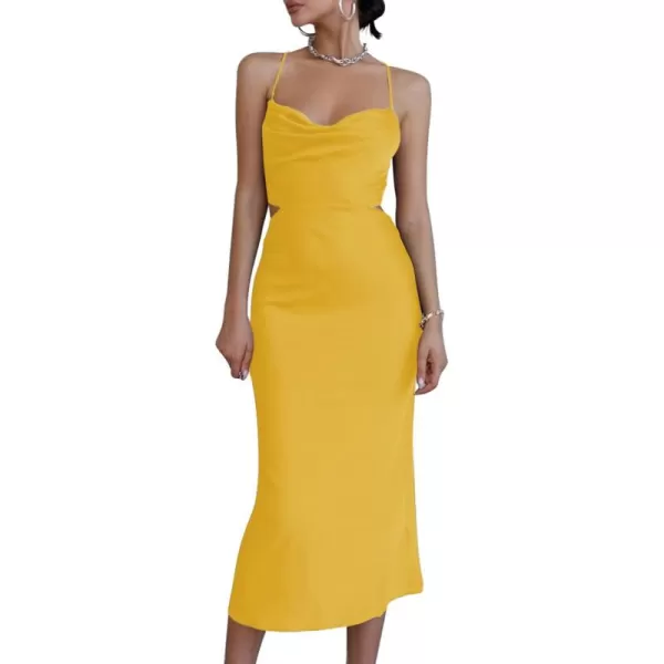 LYANER Women's Satin Cowl Neck Straps Slip Sexy Cut Out Cocktail Midi Dress