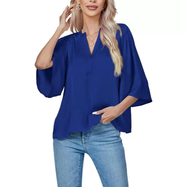 LYANER Women's Satin Elegant Casual V Neck 3/4 Sleeve Solid Blouse Top Shirt