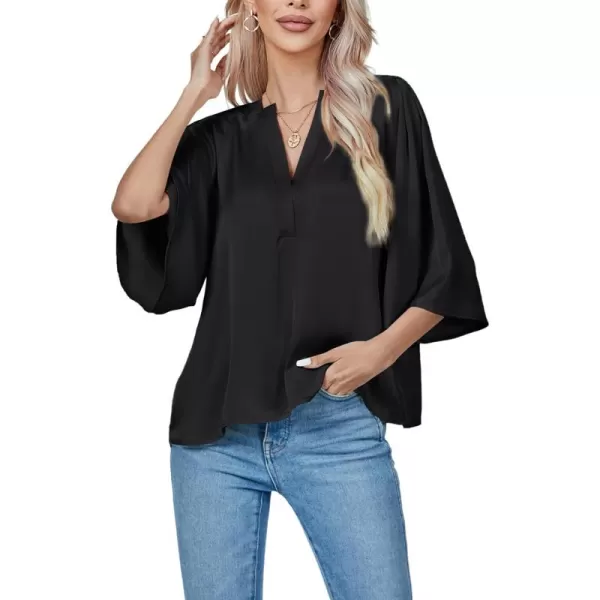 LYANER Women's Satin Elegant Casual V Neck 3/4 Sleeve Solid Blouse Top Shirt