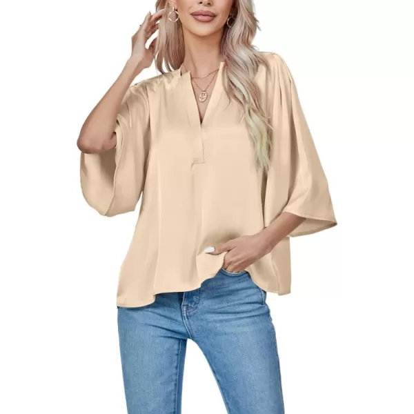 LYANER Women's Satin Elegant Casual V Neck 3/4 Sleeve Solid Blouse Top Shirt