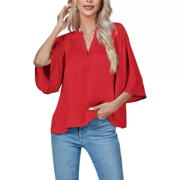 LYANER Women's Satin Elegant Casual V Neck 3/4 Sleeve Solid Blouse Top Shirt