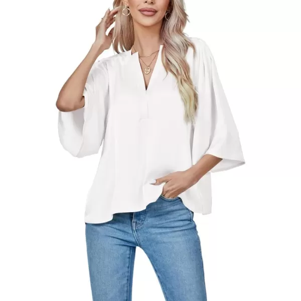 LYANER Women's Satin Elegant Casual V Neck 3/4 Sleeve Solid Blouse Top Shirt