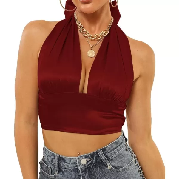 LYANER Women's Satin Halter Tie Backless Wrap Cut Out Cami Shirred Crop Top