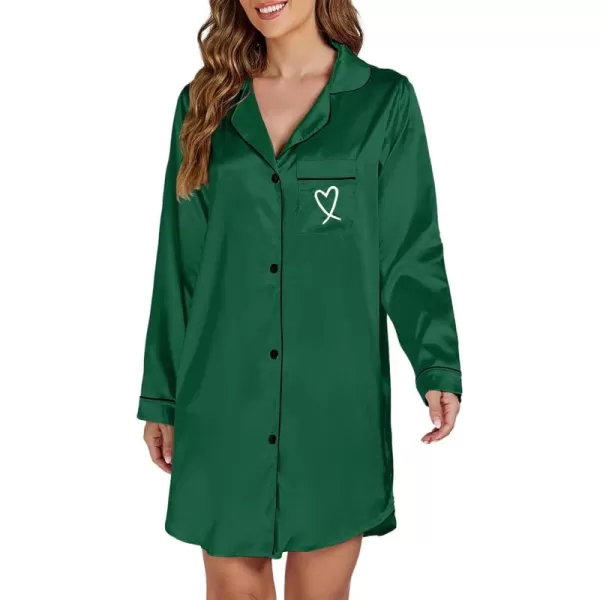 LYANER Women's Satin Long Sleeve Sleepshirt Button Down Nightgowns Heart Print Nightdress PJs