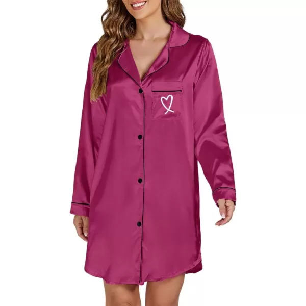 LYANER Women's Satin Long Sleeve Sleepshirt Button Down Nightgowns Heart Print Nightdress PJs