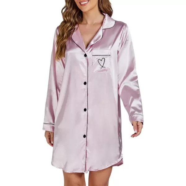 LYANER Women's Satin Long Sleeve Sleepshirt Button Down Nightgowns Heart Print Nightdress PJs