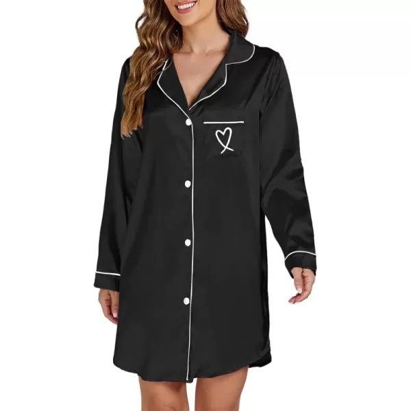 LYANER Women's Satin Long Sleeve Sleepshirt Button Down Nightgowns Heart Print Nightdress PJs
