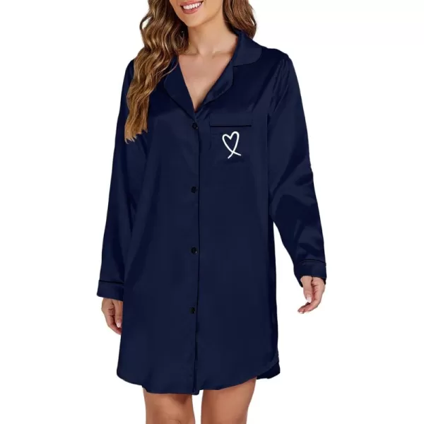 LYANER Women's Satin Long Sleeve Sleepshirt Button Down Nightgowns Heart Print Nightdress PJs