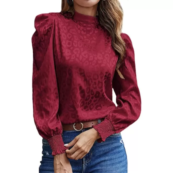 LYANER Women's Satin Mock Neck Puff Long Sleeve Keyhole Work Blouse Top